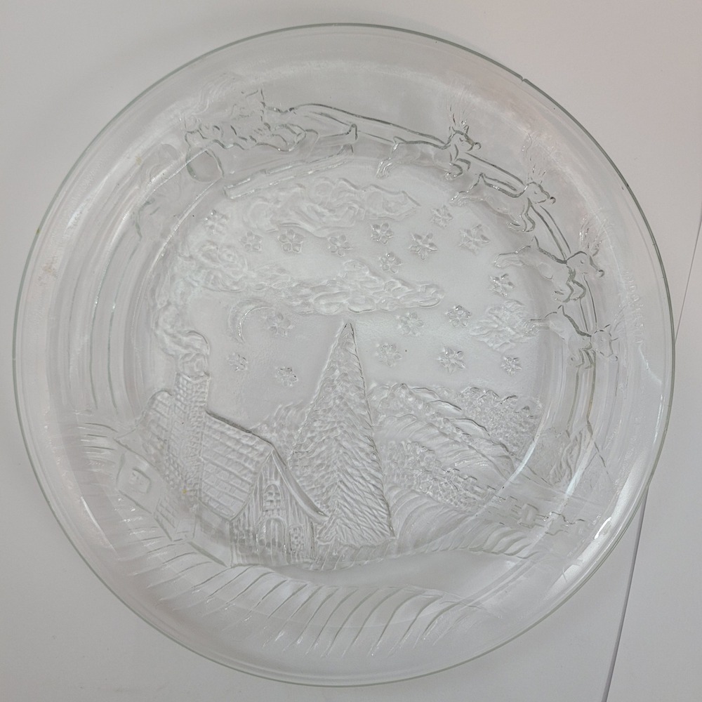 Indiana Glass Christmas Plate Santa Reindeer Sleigh Embossed Clear 8 Inch